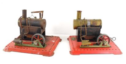 A Mamod "Junior" steam engine with burner together with a Mamod steam reversing engine, both with