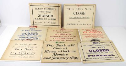 A collection of Royal Proclamation 'Closed' signs for a Bank, comprising 22nd June 1897, 'Her
