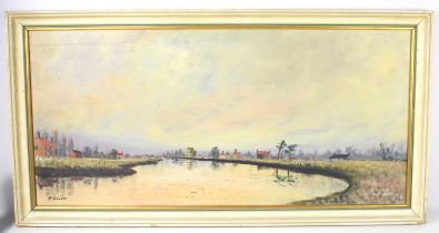 R.J Ross (20th century); landscape in Wisbech, oil on board, 95cm by 44cm.