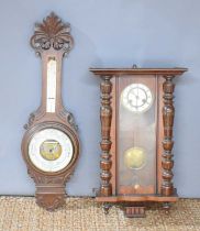 A late 19thC mahogany cased Vienna wall clock, circular brass dial with enamel chapter ring