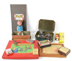 A group of vintage toys including vintage Meccano, lead soldiers, Pelham Puppet and a clockwork '