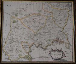 An 18th century map of Middlesex by Robert Morden, hand coloured, 36 by 41cm, together with a map of
