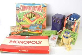 A group of toys, some vintage to include Star Wars R2D2, Doctor Who Tardis, Subbuteo, Tiddlywinks,