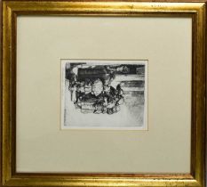 A Rembrandt etching, hand printed by R Boer, depicting street beggars, 17 by 13cm.