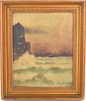 A 19th century oil on canvas of a steam ship in stormy seas, indistinctly signed lower right, 19.5cm