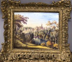 A 19th century oil on porcelain plaque, depicting castle with river to the fore, in a later giltwood