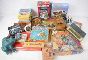 A group of vintage toys and games to include Beano books, money bank, Ruper Bear's box, Captain