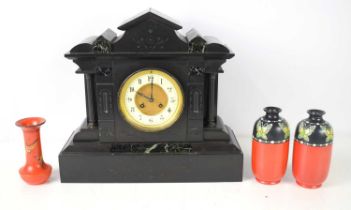 A large marble and slate cased mantle clock, the enamel chapter ring with Arabic numerals and minute