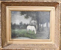 Langlois (19th century): White horse in meadow, oil on canvas, signed in red lower left, 22 by