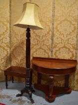 A Victorian mahogany demi-lune table together with a mahogany standard lamp and a commode.