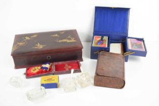 A group of collectables, comprising a Japanese lacquered box, the top decorated with sparrows and