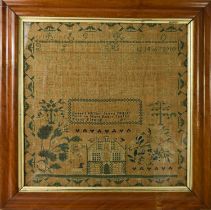 An early Victorian sampler, with coloured threads on linen back, embroidered with the alphabet,