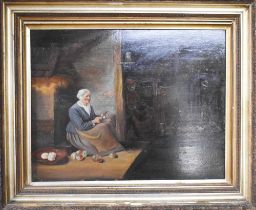 A 19th century unsigned oil on board, depicting farm scene, with woman peeling apples to the fore,
