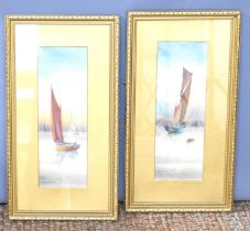 Two framed and glazed watercolours of sailings ships, one titled "Off the East Coast" the other "Off