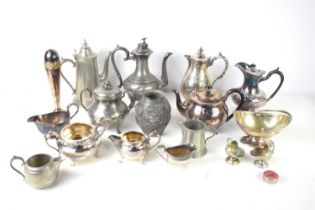 A quantity of pewter and silver plate to include tea and coffee pots, sauce boat and other items.