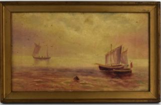 A 19th century oil on canvas depicting a small boat sinking and surrounded by sailing ships, 29.