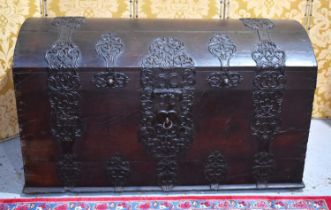 An 18th century Dutch marriage chest of large proportions, with decorative iron strapwork