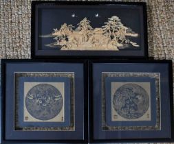 A pair of Chinese etchings on hand made paper, bearing seal marks, together with a Chinese cork