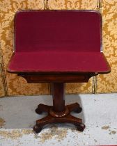 A Victorian mahogany card table, the hinged top opening to reveal burgandy felt slip with cross-