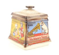 A vintage Staffordshire ceramic advertising biscuit barrel, each side advertising a different