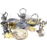 A group of silver plated items to include teapot, dish and other items.