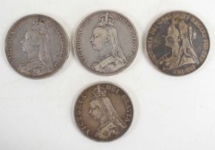 Three Queen Victoria silver crowns together with an 1888 double florin.