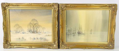 George Allen (1910-1992): two watercolours, comprising one depicting ships moored in harbour,