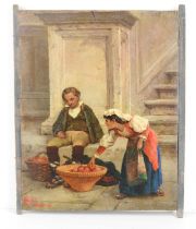 19th century Italian: a scene of a young girl stealing an apple from a sleeping fruit seller, oil on