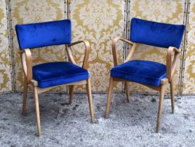 A pair of Mid-Century Ben Stoe of Frome "Ben Chairs" with bentwood arms, upholstered in Royal Blue