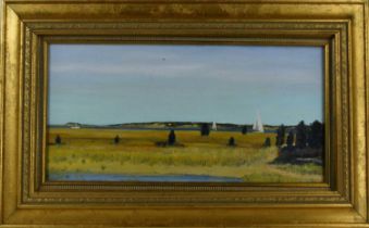 A 20th century oil on board, titled verso; Edgartown Harbour, unsigned, 14 by 30cm.