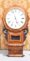 An early 20th century mahogany drop dial wall clock, inlaid decoration throughout, Roman Numeral