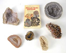 A group of various geological rocks and minerals including amethyst, quartz and rock crystal,