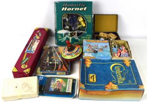 A group of vintage toys and games to include a boxed Selcol Silvertone clarinet, tin plate