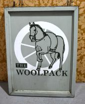 A vintage double sided "The Woolpack" pub sign, the pub was on Stamford Road, Weldon, Corby, mid