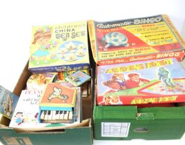 A group of vintage toys and childrens books to include Peter Pan automatic bingo, Children's China