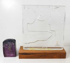 An Skruf of Sweden Art Glass sculpture; portrait of a woman with boat in the background, in