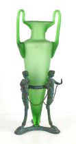 An Art Deco style frosted green Uranium glass vase of twin handled amphora form held in a bronze