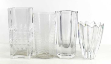 Four glass / crystal vases, one Orrefors of Sweden example, a Kosta Boda example of hexagonal