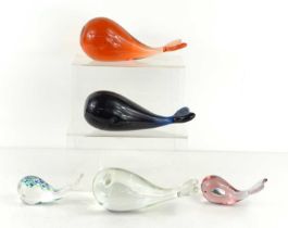 A school of five Wedgwood, Kings Lynn glass Whale paperweights, designed by Ronald Stennett-Wilson