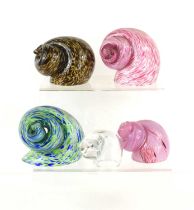 A group of five early Wedgwood, Kings Lynn glass snail shell paperweights, designed by Ronald