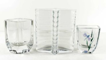 Three glass / crystal vases, one by Kosta Boda, one by Sea of Sweden, hand painted with a