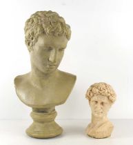 A painted reconstituted stone bust of a young classical male, very much in the style of