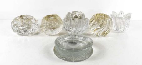 Five pressed glass tealight holders, to include a 'Snowball' and a 'bubble' effect Orrefors example,