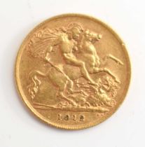 A George V gold half sovereign, dated 1912.