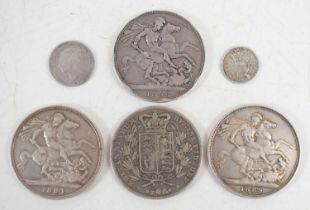 Four Queen Victoria silver crowns dated 1891, 1844, 1889 and 1896 together with sixpence and