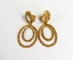 A pair of 18ct gold double loop drop earrings of plaited design, total drop length 4.8cm, total