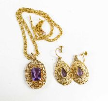 A demi-parure of 9ct gold and amethyst jewellery, comprising a pair of drop earrings set with pear