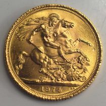 An Elizabeth II full gold sovereign, dated 1974.