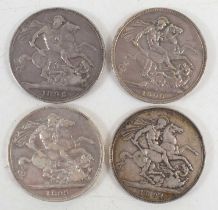 Four Queen Victoria silver crowns dated 1893, 1900, 1899 and 1894.