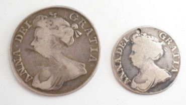 A Queen Anne silver half-crown dated 1713 together with a Queen Anne silver shilling.